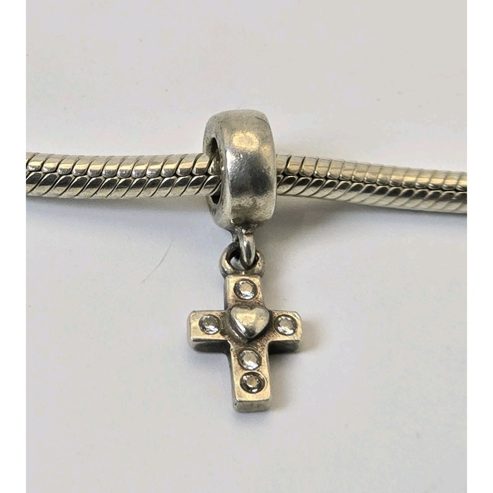 Pandora Sterling Silver CZ Cross Dangle Charm Pendant 925 ALE Retired